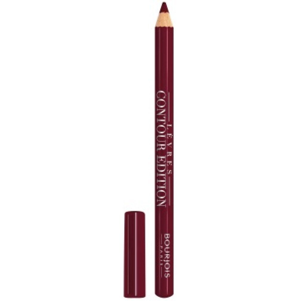 Matita labbra bordeaux con testo nero. Scritta: LÈVRES CONTOUR EDITION. Marchio: Bourjois. Tappo accanto.