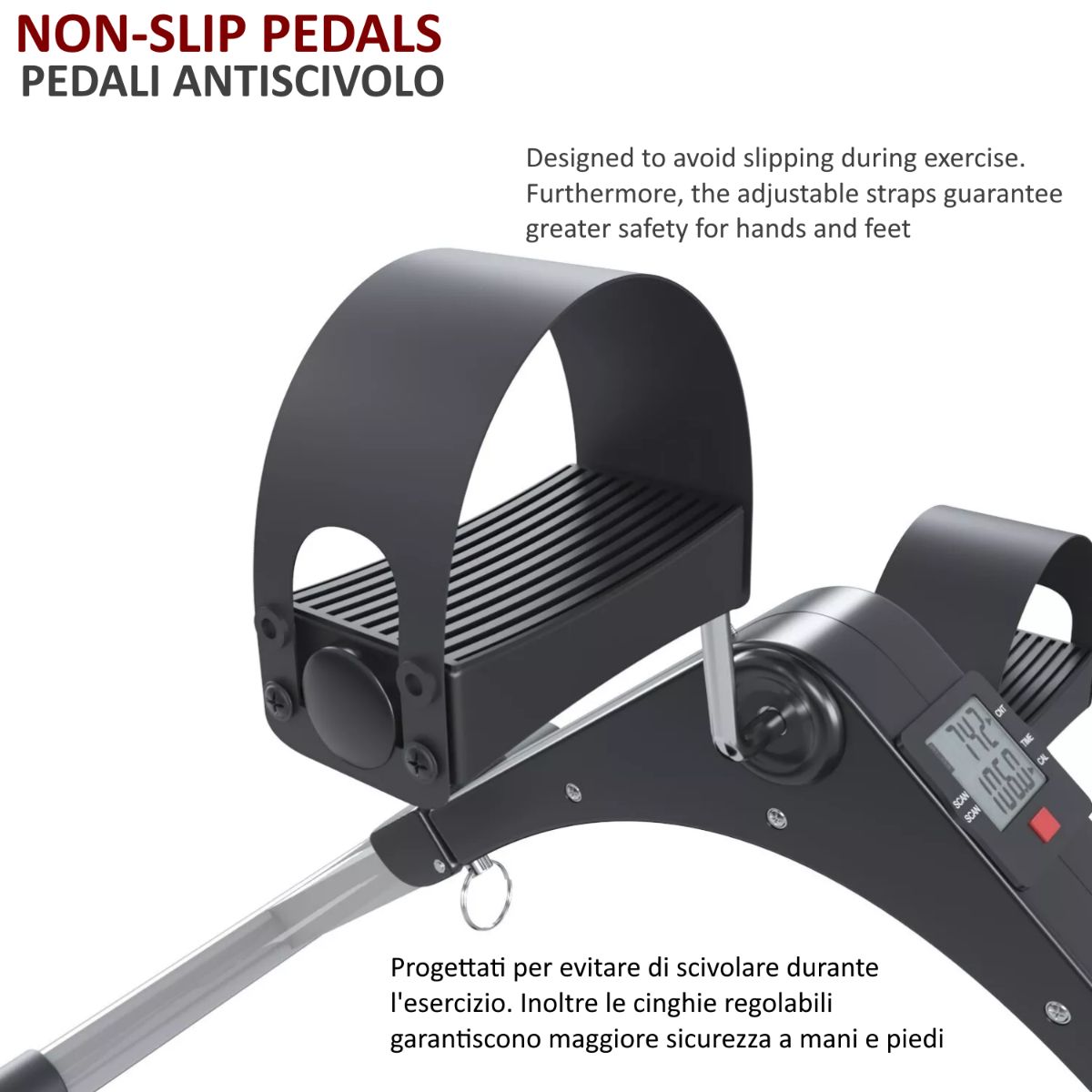 Pedali neri per mini bike con cinghie regolabili. Testo: Pedali antiscivolo. Per mani e piedi.