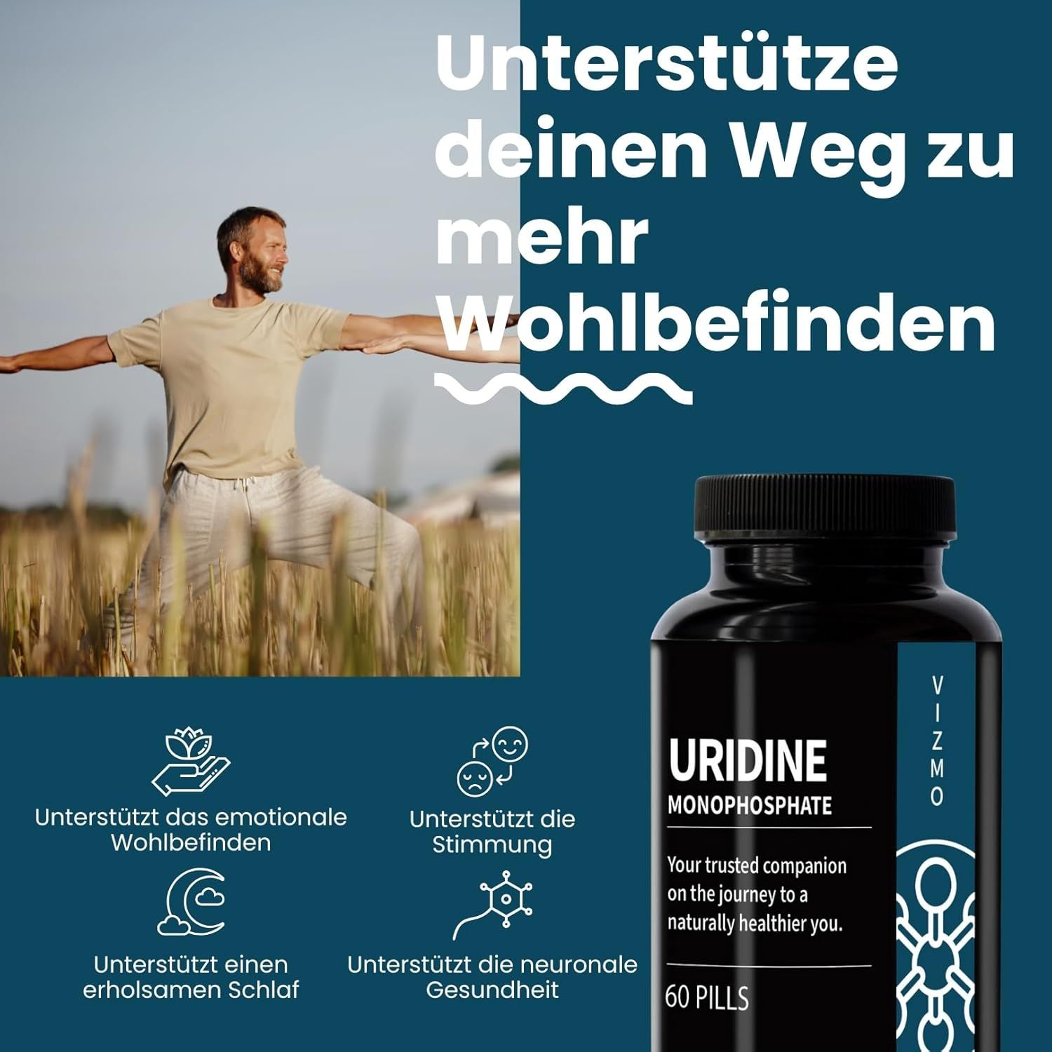 Uomo in un campo, flacone di capsule. Scritta: Uridina monofosfato, 60 pillole. Vantaggi: umore, sonno.