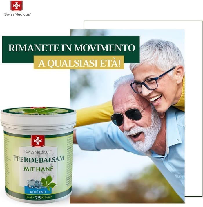 Coppia anziana ride. Accanto: SwissMedicus Pferdebalsam mit Hanf. Testo: Rimanete in movimento a qualsiasi età!