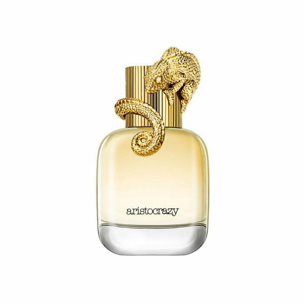 Flacone di profumo con tappo dorato e decorazione a rettile. Scritta: aristocrazy. Flacone in vetro trasparente con liquido giallastro.