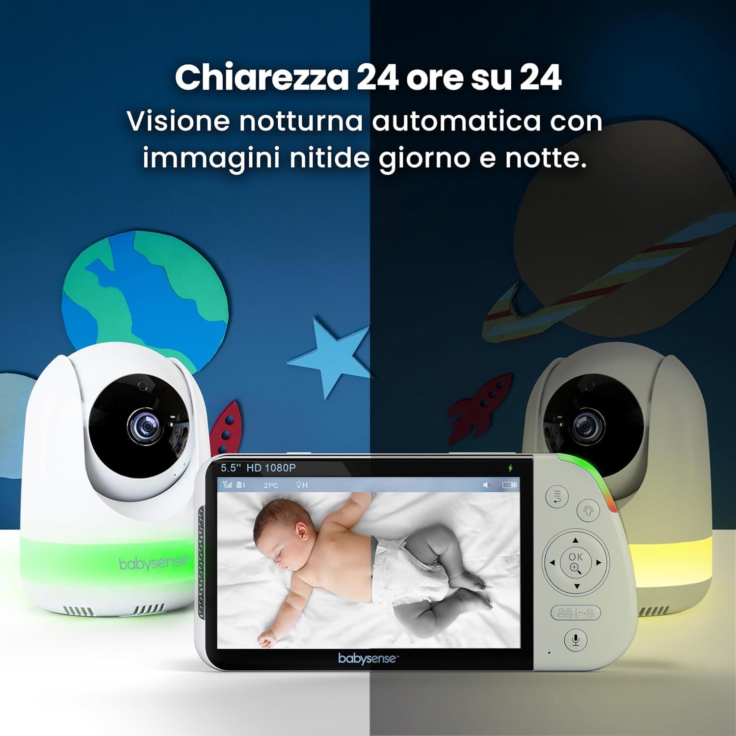 Baby monitor Full HD con schermo diviso e 2 telecamere Babysense