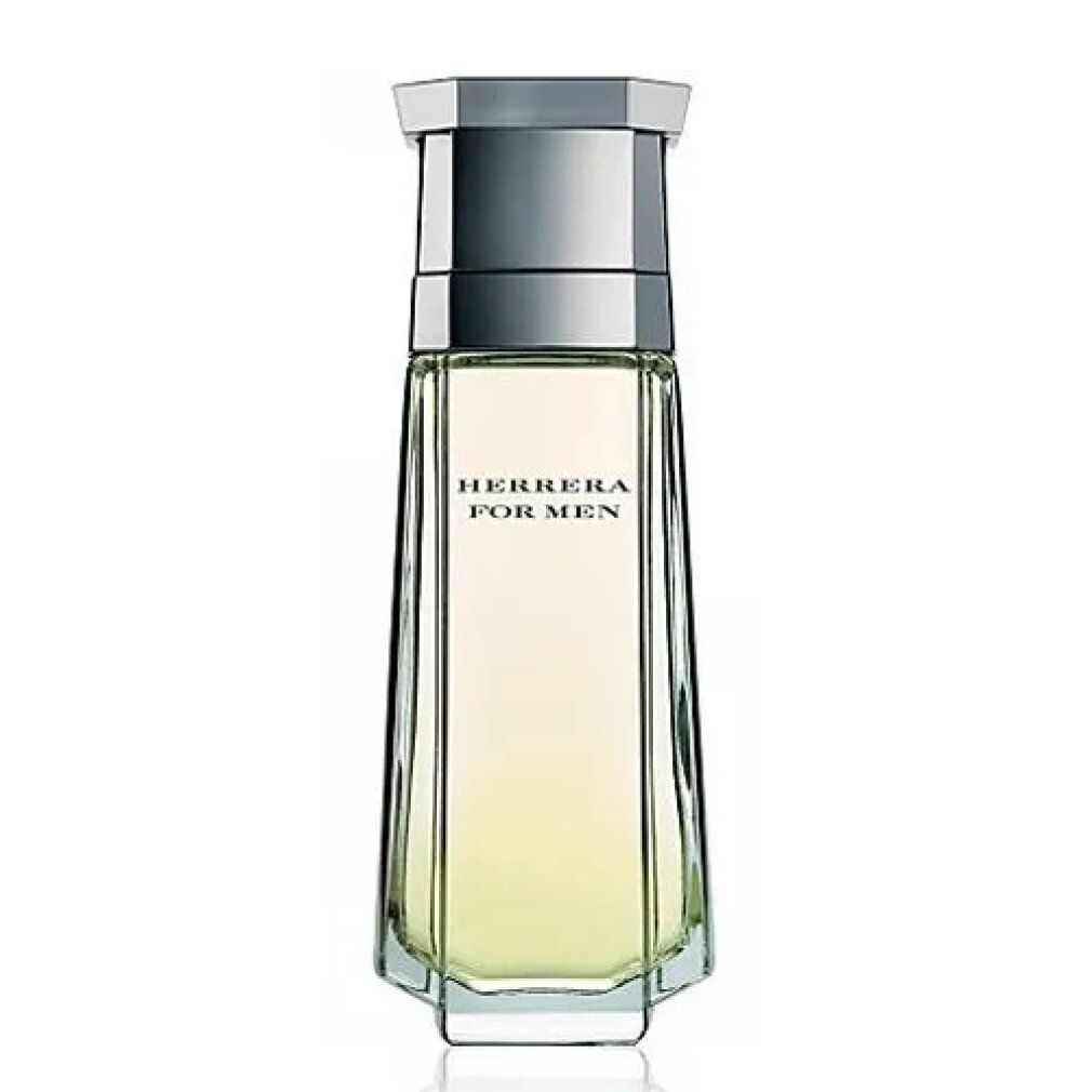Flacone di Herrera for Men Eau de Toilette. Forma rettangolare con tappo argentato. Flacone trasparente con liquido giallastro.