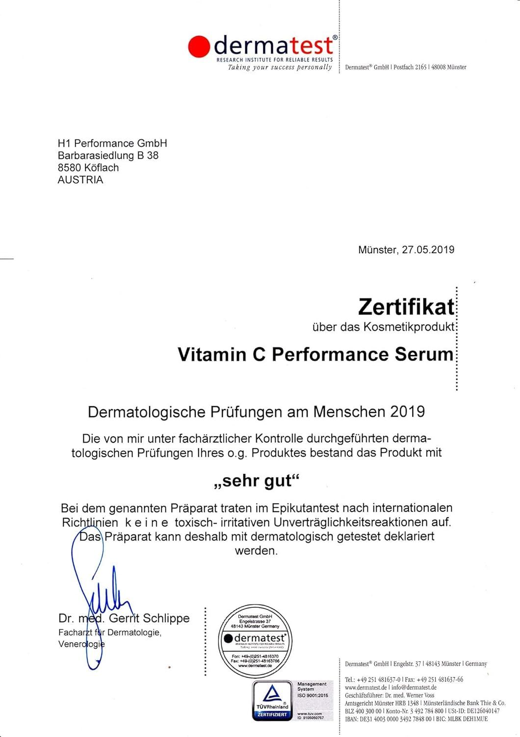 Certificato per Siero Performance Vitamina C, testato dermatologicamente con "molto buono".