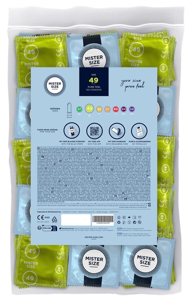 Retro di una confezione di preservativi Mister Size 49 con panoramica delle taglie e istruzioni.