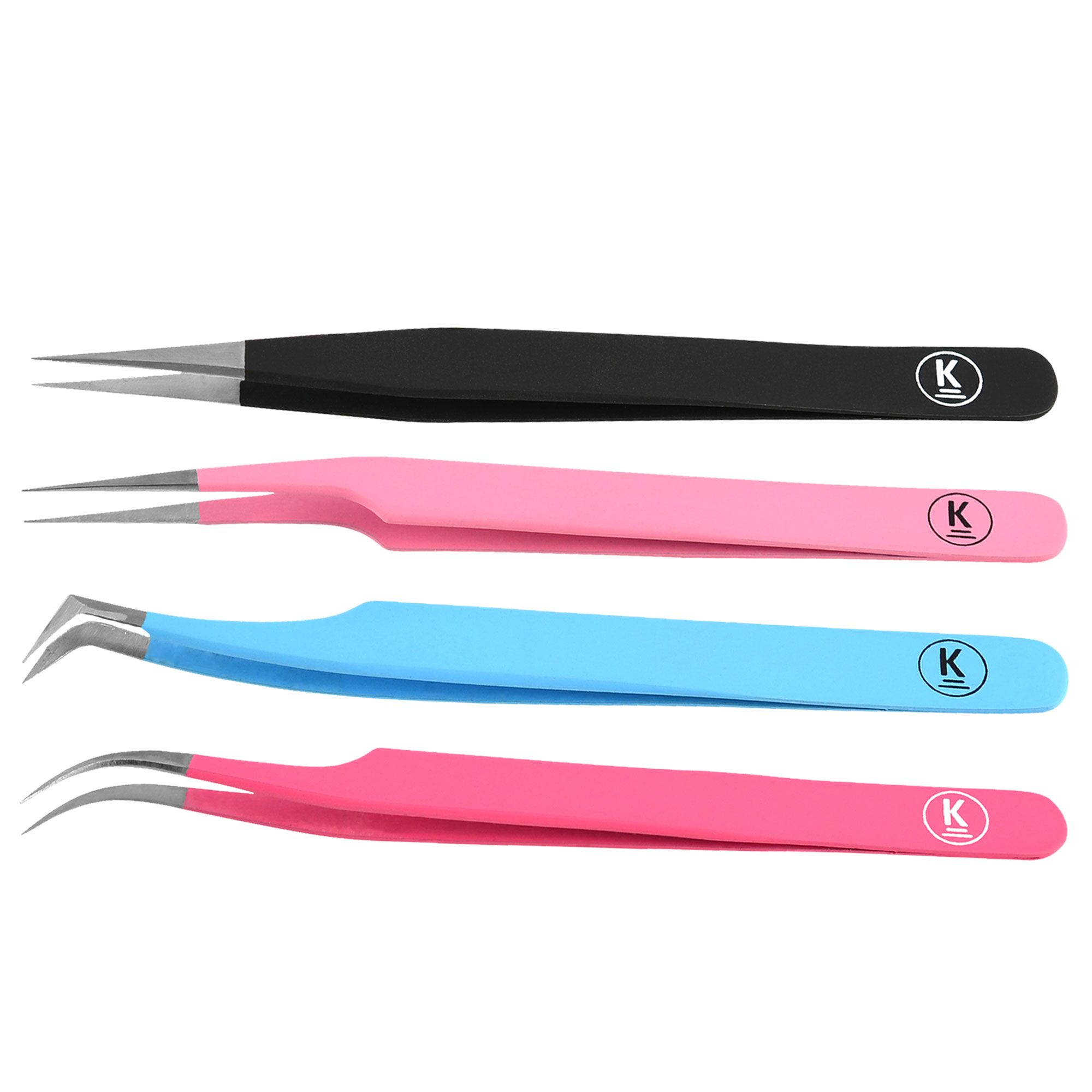 Quattro pinzette con logo 'K'. Colori: nero, rosa e blu. Diverse forme di punte.