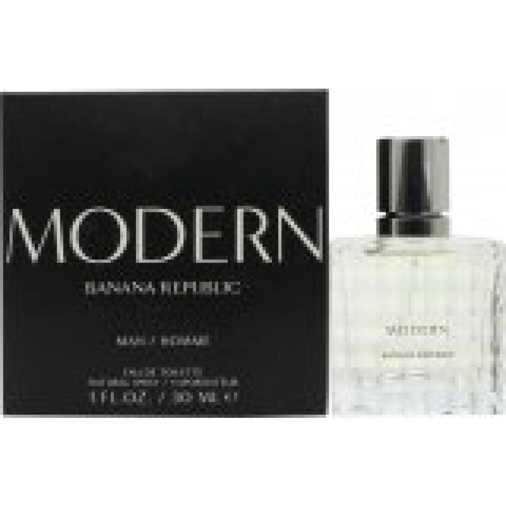 Scatola nera e flacone in vetro. Scritta: MODERN, BANANA REPUBLIC, MAN / HOMME, Eau de Toilette, 1 FL.OZ. / 30 ML E.