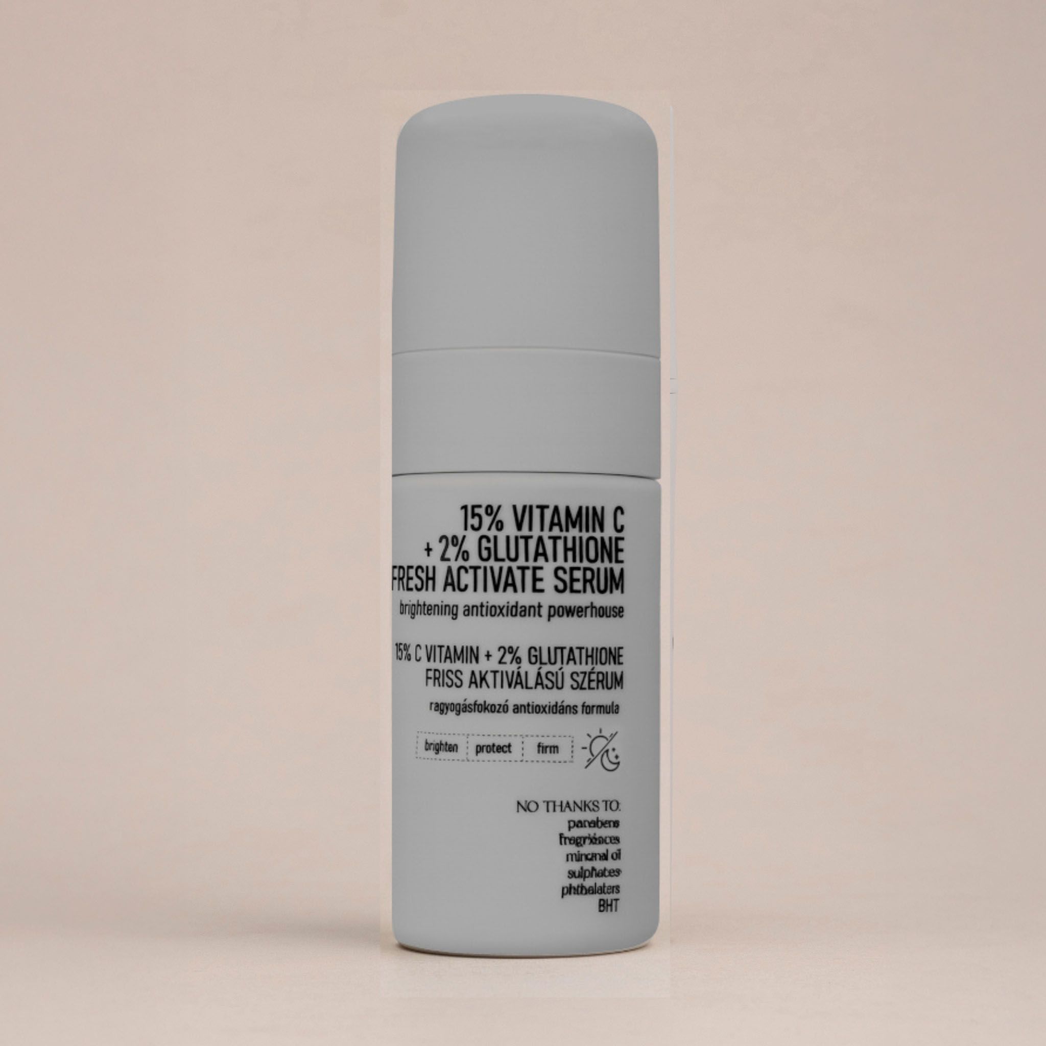 Flacone beige con contagocce, siero 15% Vitamina C + 2% Glutatione.