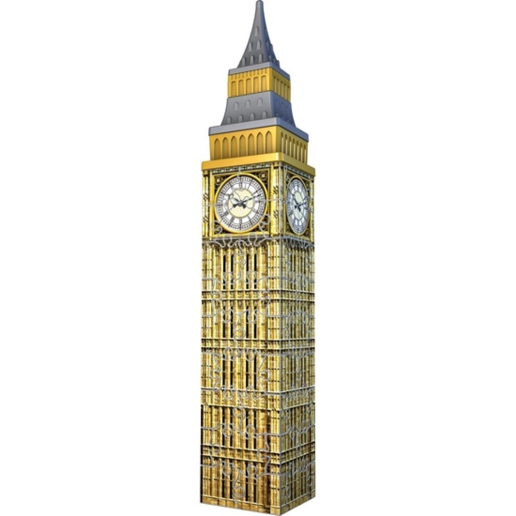 Puzzle 3D Big Ben assemblato. Torre dorata e grigia con orologi. Senza sfondo. 24,3 cm di altezza.