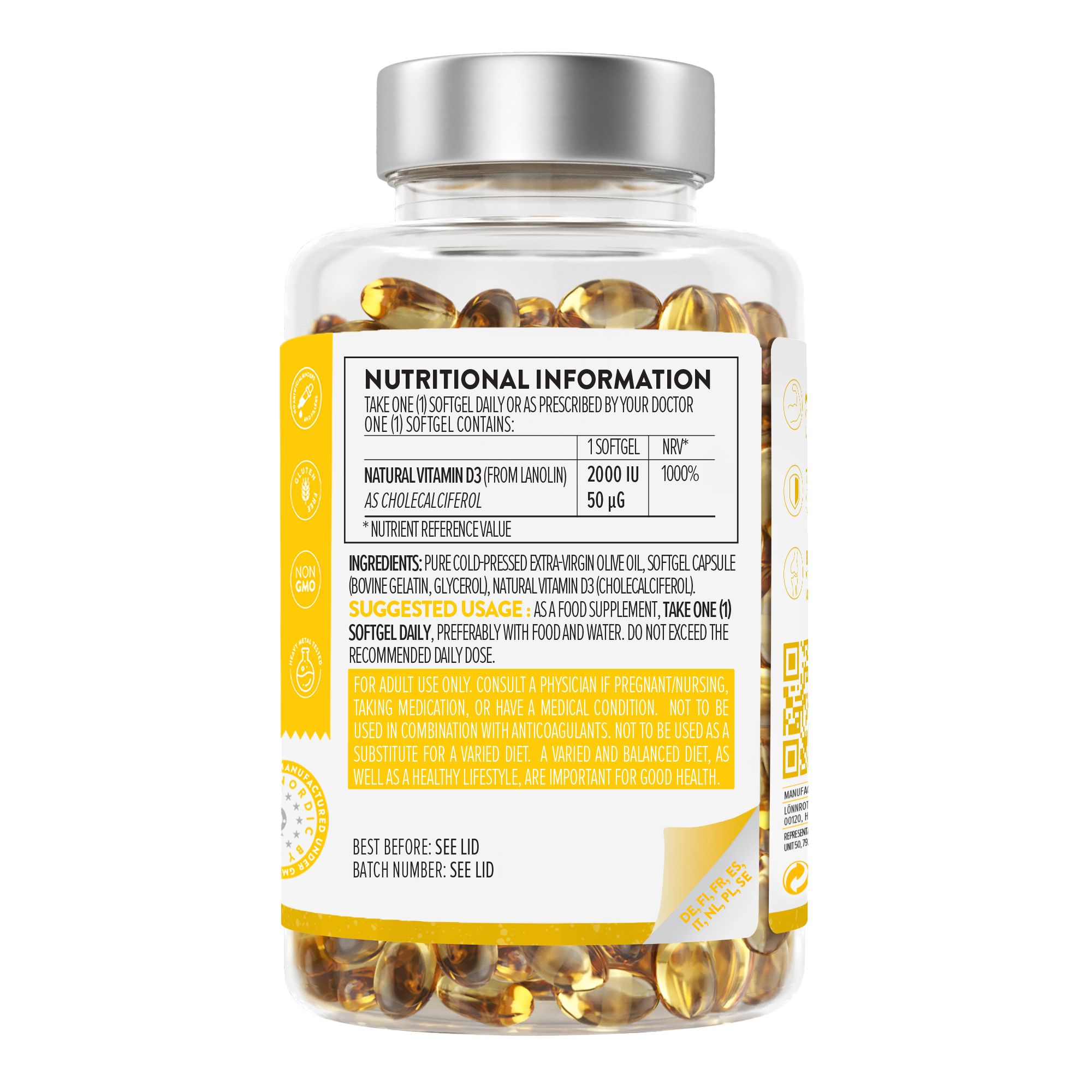 Retro del flacone con capsule gialle. Informazioni su ingredienti, dosaggio e valori nutrizionali.