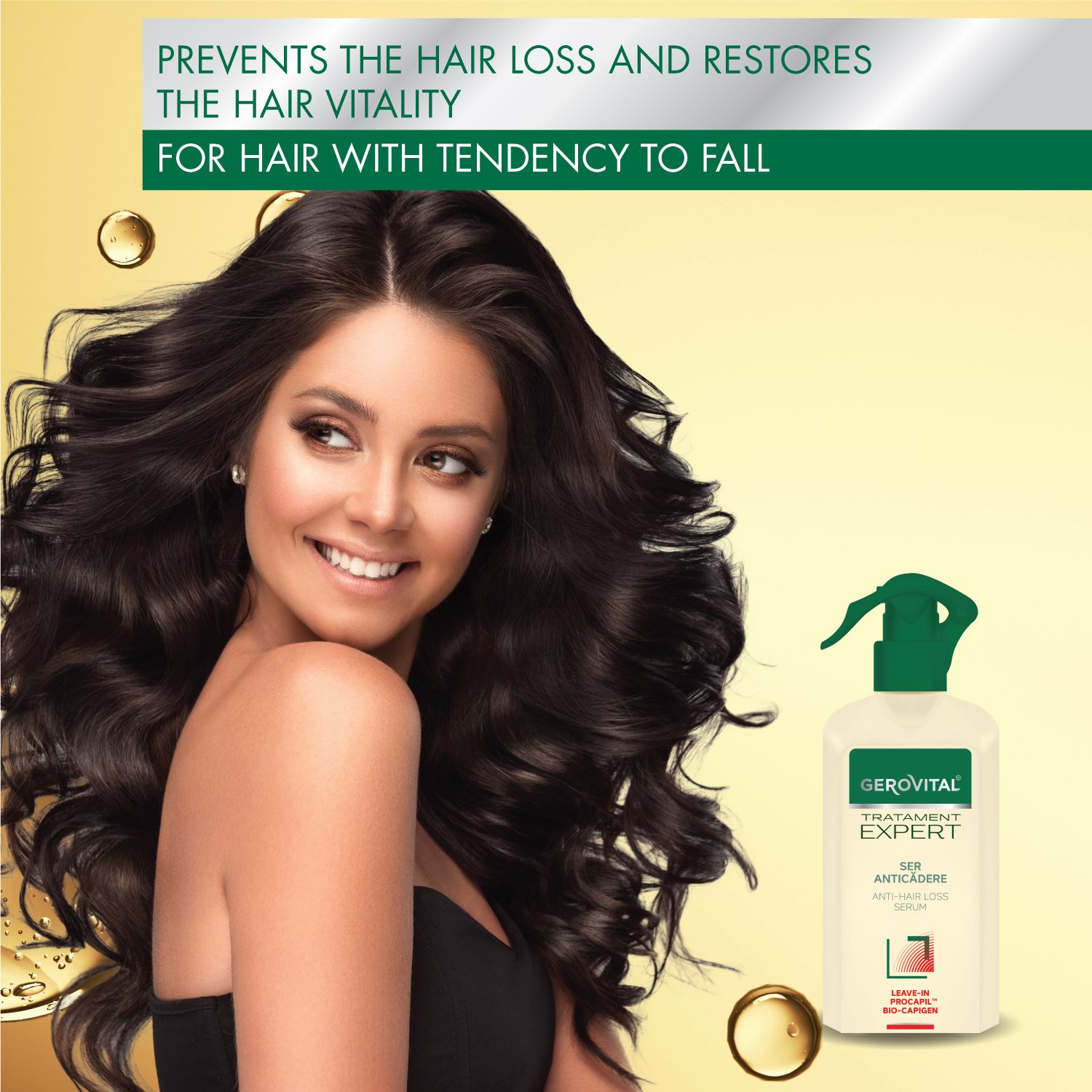 Donna con lunghi capelli scuri e un flacone Gerovital Tratament Expert, Siero Anticaduta, Anti-Hair Loss Serum.