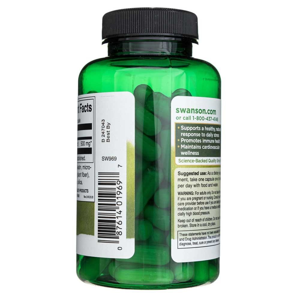 Flacone verde di capsule di ginseng coreano Swanson, visione delle capsule.