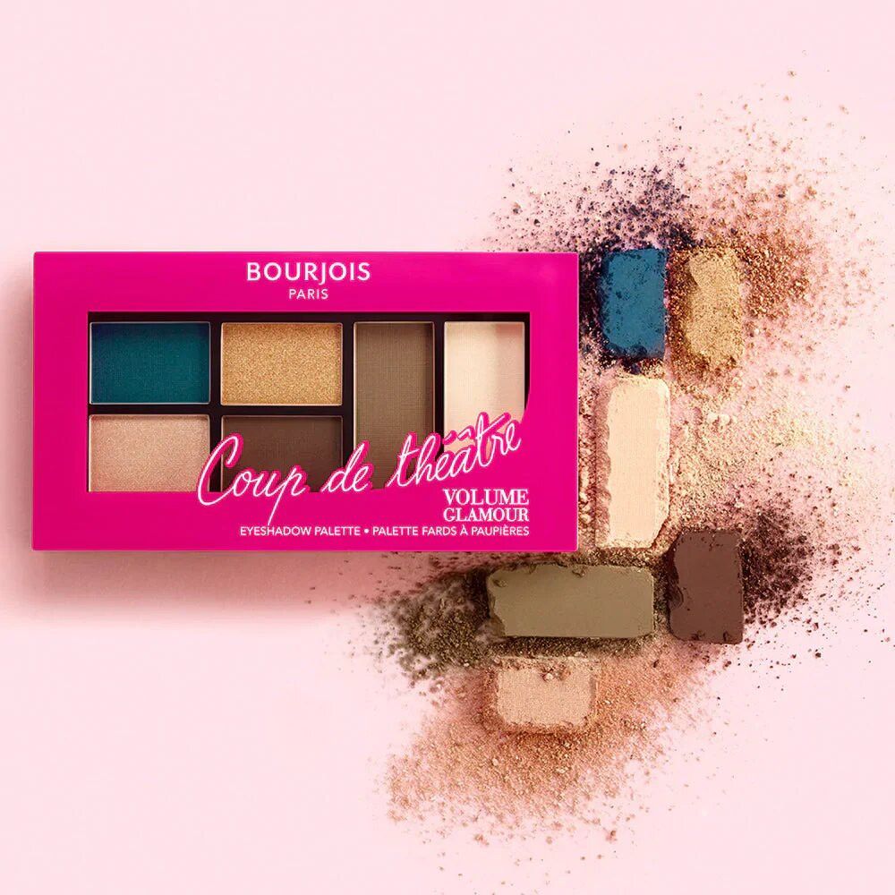 Palette ombretti con sei tonalità, circondata da particelle di polvere libera. Confezione rosa. Scritte: Bourjois, Coup de théâtre.