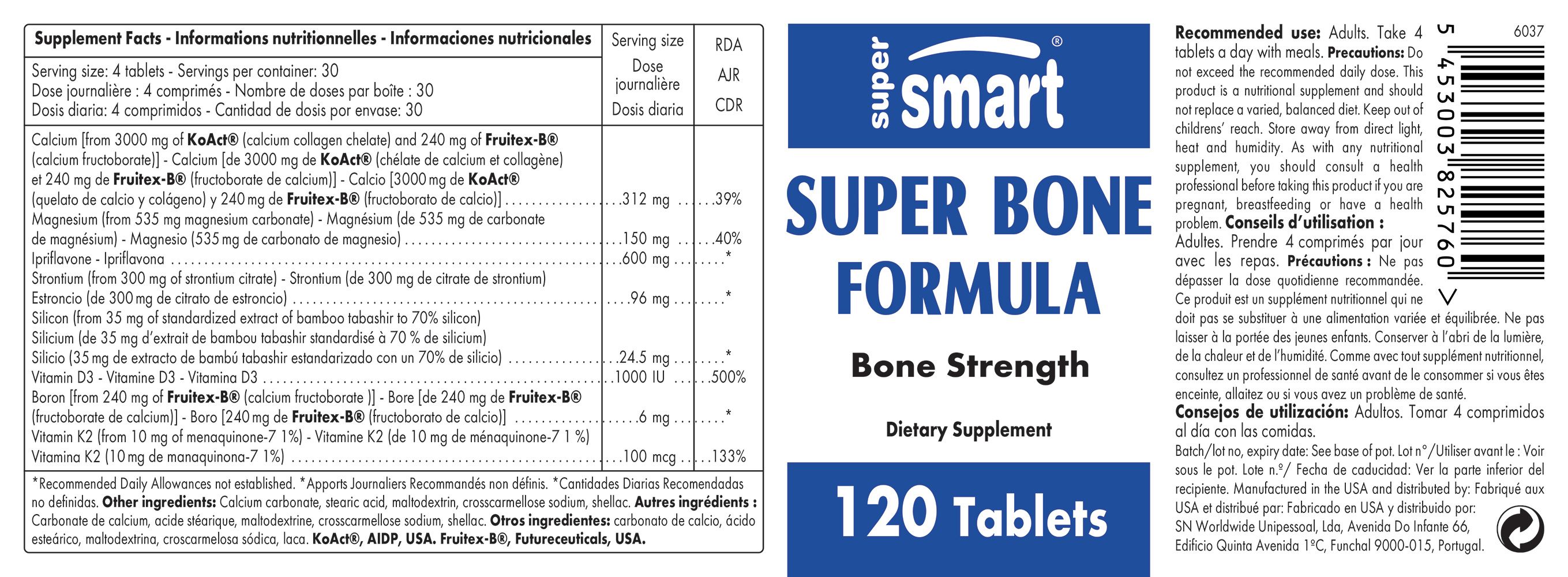 Tabella nutrizionale di Super Bone Formula. Contiene calcio, zinco, magnesio, vitamine D3, K2. 120 compresse. SuperSmart.