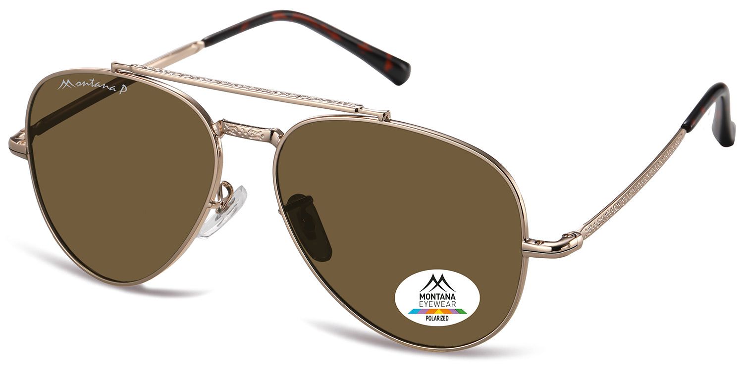 Occhiali da sole dorati con lenti marroni. Logo Montana Eyewear sulla lente. Lenti polarizzate. Forma a goccia.