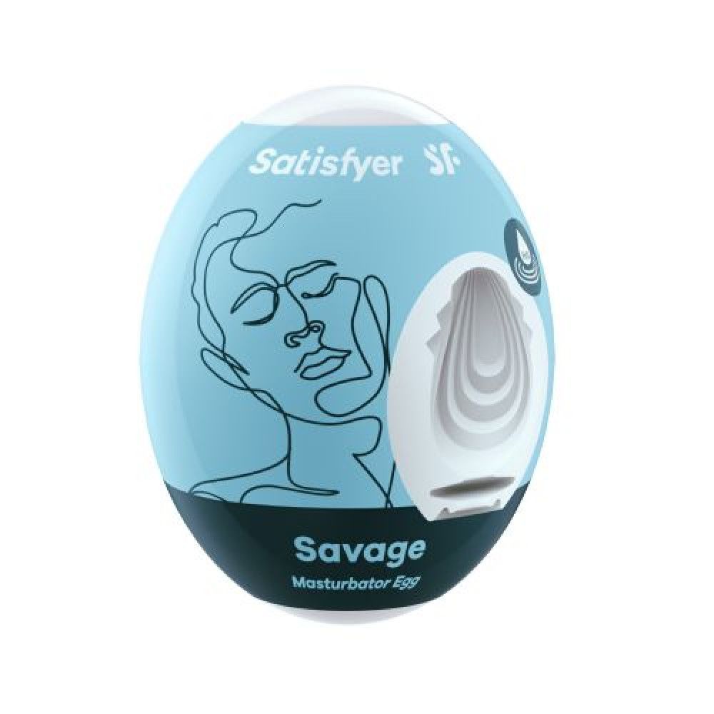 Prodotto ovale blu con contorno viso e apertura. Testo: Savage Masturbator Egg, Satisfyer.