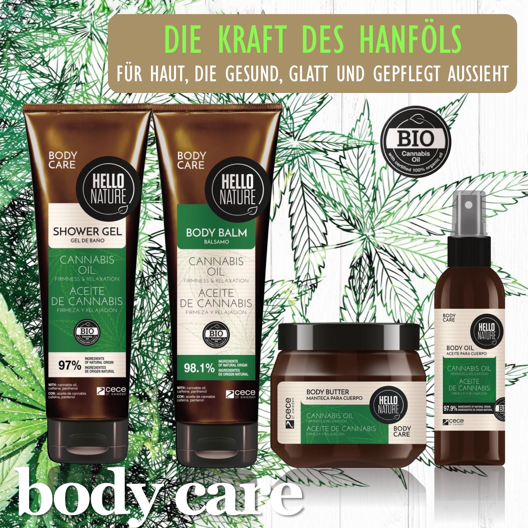 Quattro prodotti Hello Nature: gel doccia, balsamo corpo, burro corpo e spray corpo. Sigillo biologico. Foglia di cannabis.