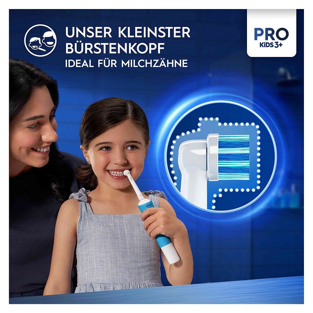 Bambina con spazzolino elettrico, testina piccola per denti da latte. "Pro Kids 3+"