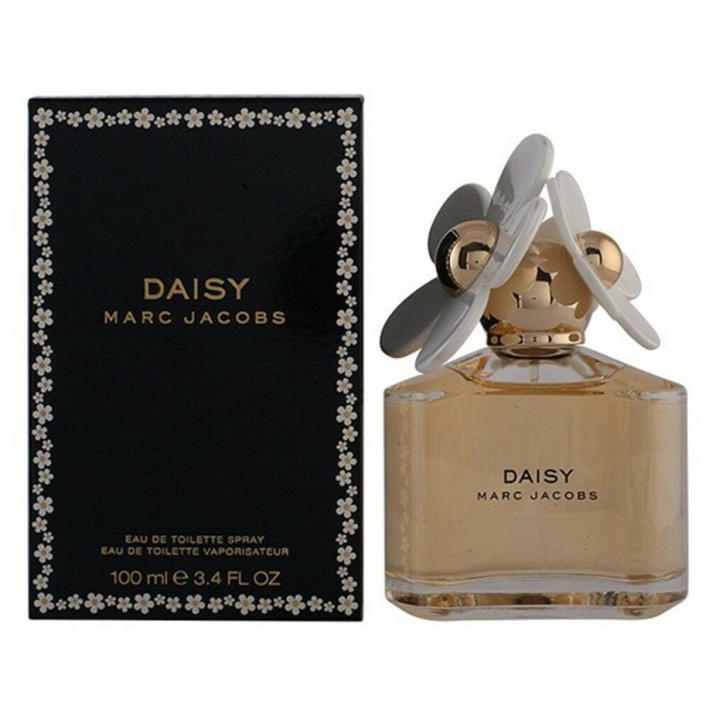 Flacone e scatola profumo Daisy Marc Jacobs. Scritta: DAISY MARC JACOBS. Scatola nera con fiori bianchi.