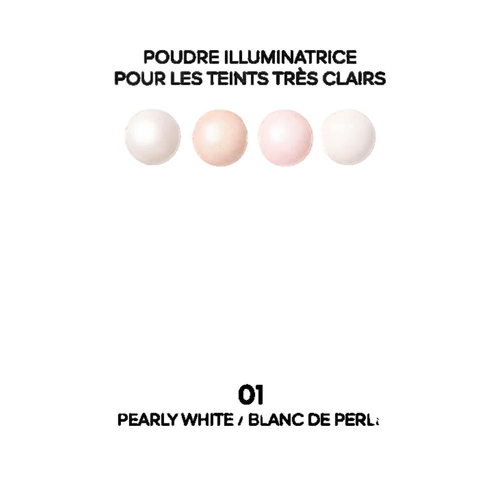 Perle di polvere illuminante. Testo: Poudre illuminatrice pour les teints très clairs. 01 Pearly White / Blanc de Perle.