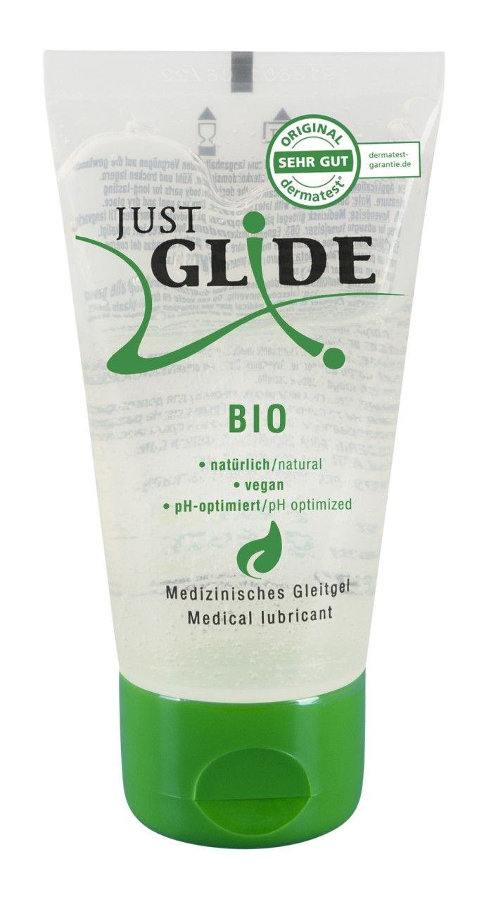 Tubo di gel lubrificante Just Glide Bio con sigillo "Original molto buono dermatest". Tubo trasparente, tappo verde.