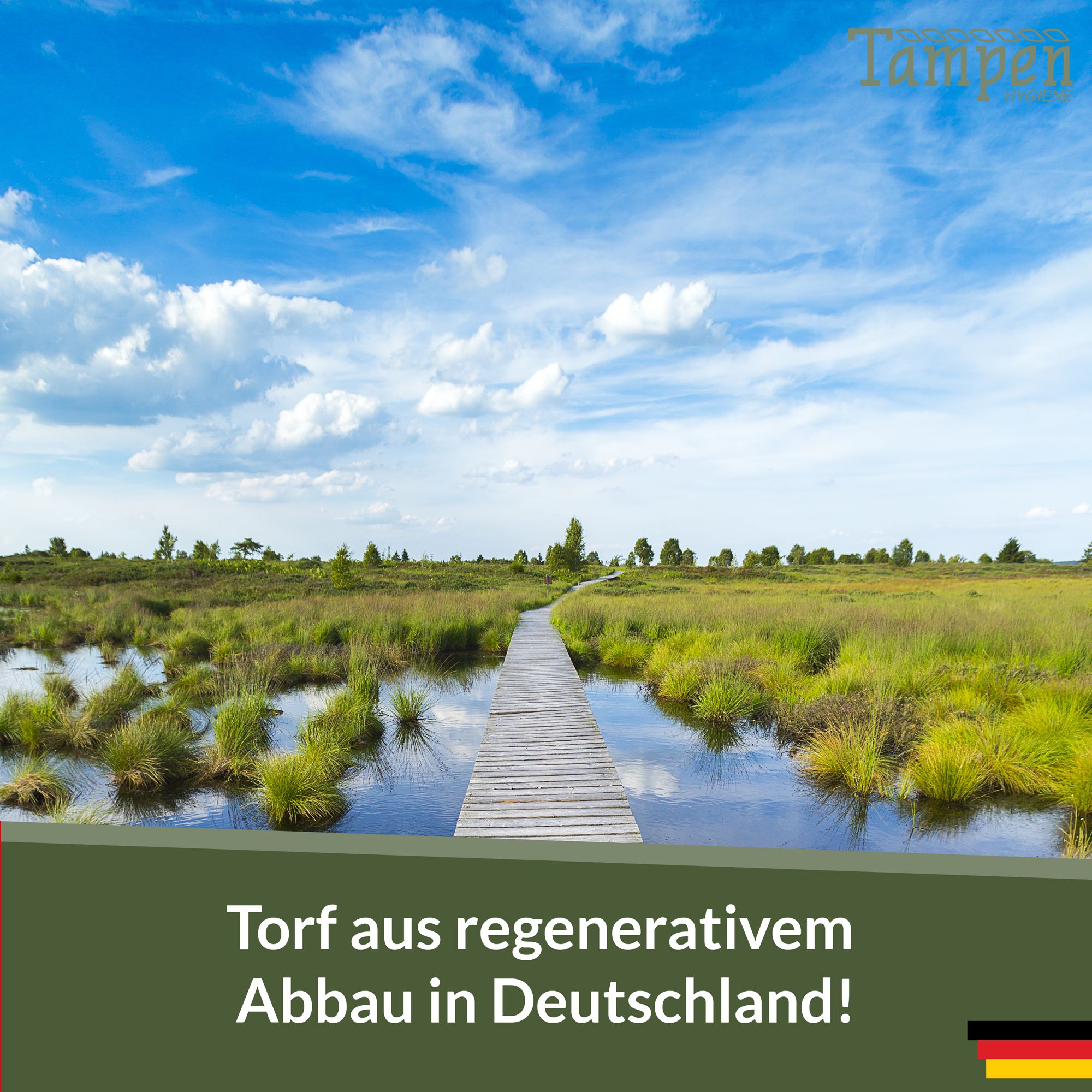 Paesaggio con passerella di legno attraverso la palude. Testo: Torba da estrazione rigenerativa in Germania! Bandiera.