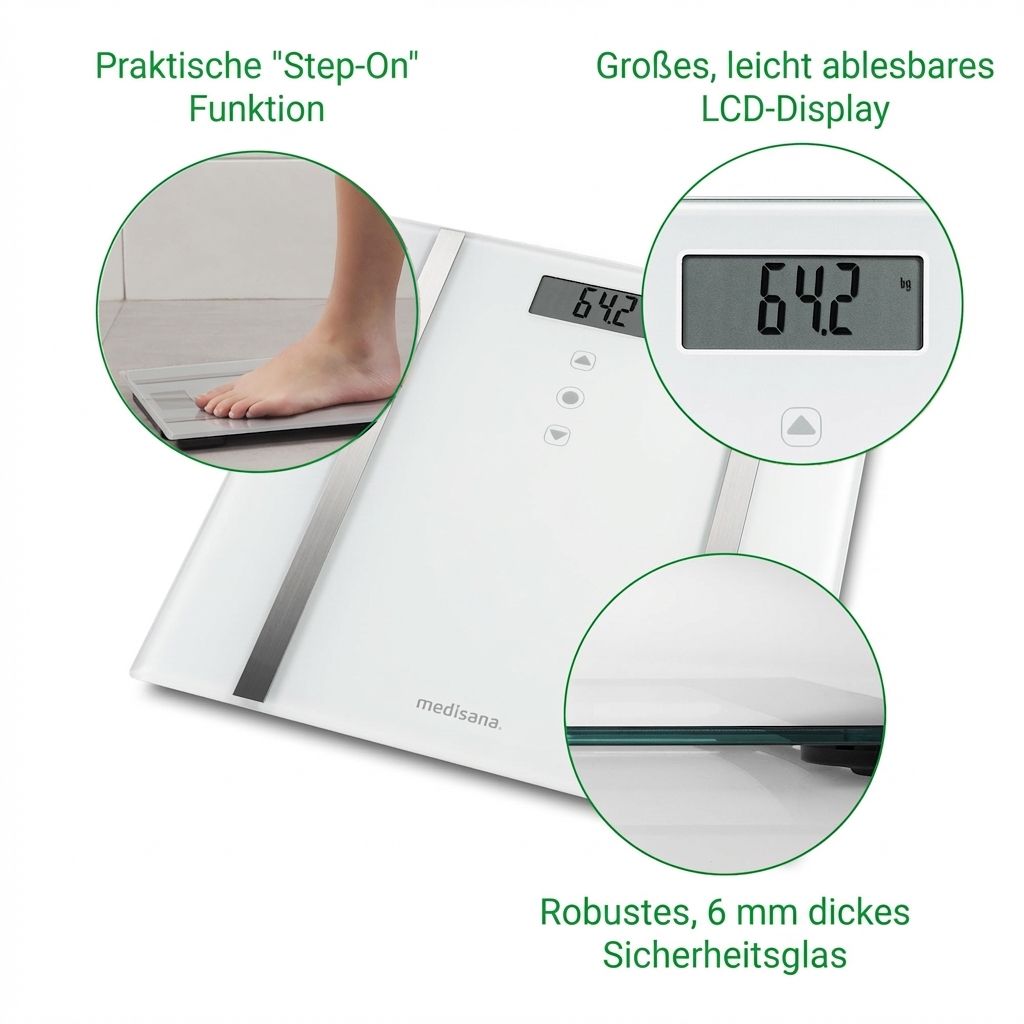 Bilancia di analisi corporea bianca con superficie in vetro, display LCD, funzione "Step-On" e vetro di sicurezza da 6 mm.