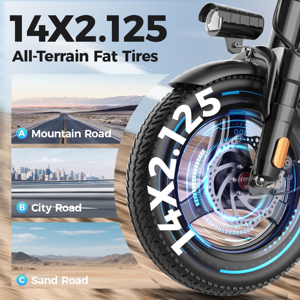 Pneumatico per e-bike con scritta 14X2.125. Adatto a strade di montagna, città e sabbia. Pneumatico nero, sistema frenante blu.