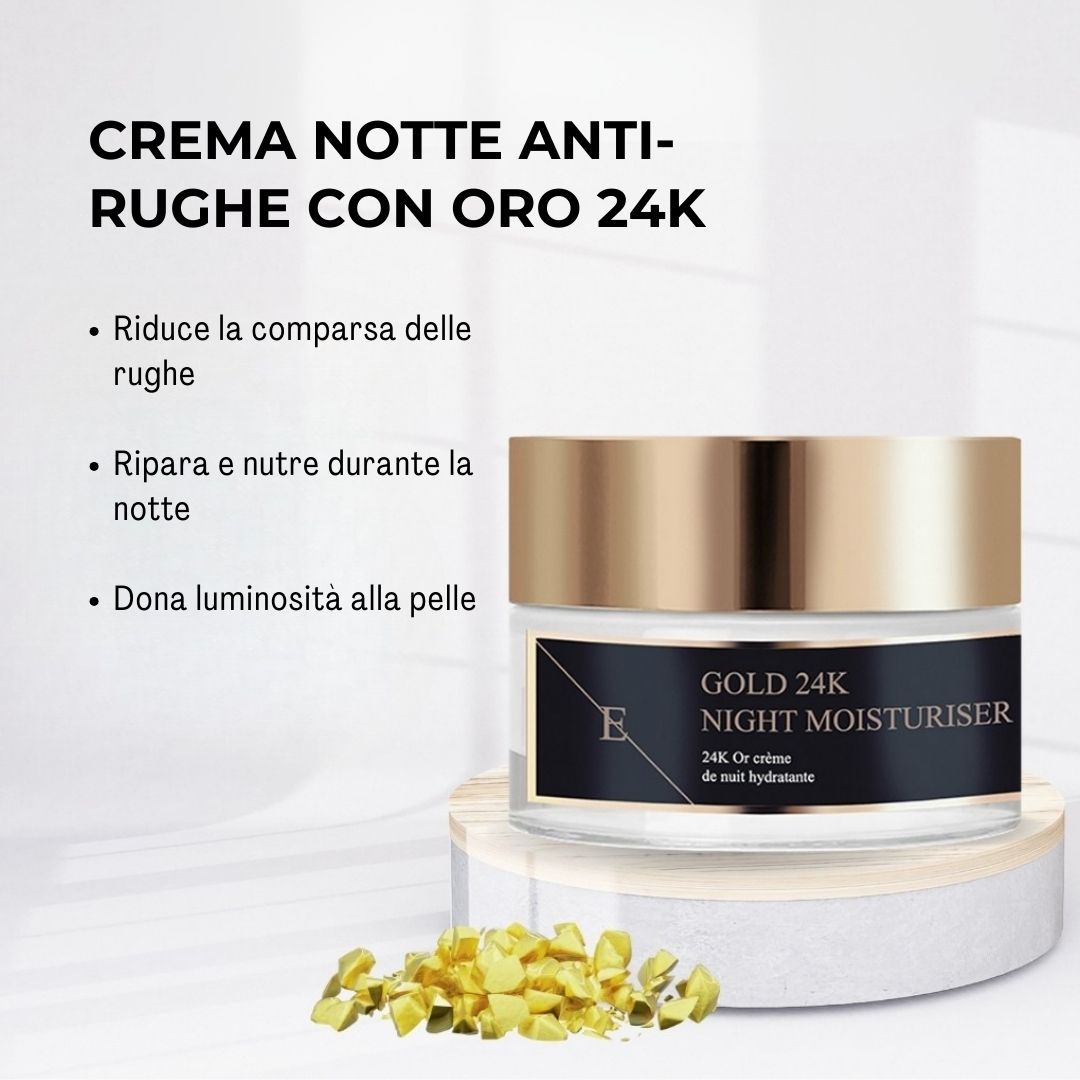Vaso di crema con coperchio dorato. Scritta: GOLD 24K NIGHT MOISTURISER. Testo: CREMA NOTTE ANTI-RUGHE CON ORO 24K.