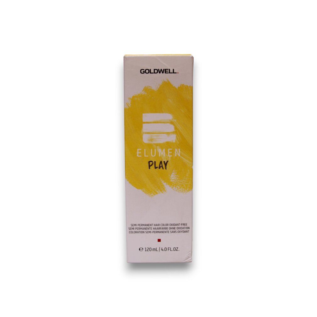 Scatola Goldwell Elumen Play. Colore giallo con nome e logo del prodotto. 120 ml/4.0 fl.oz. Confezione.