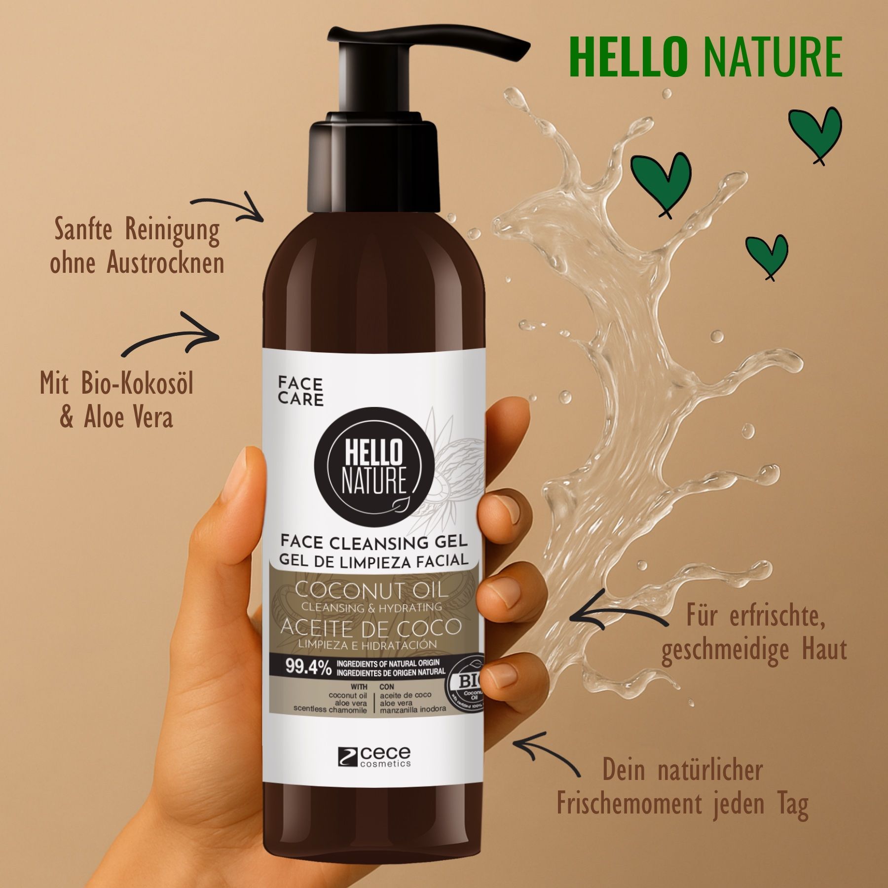 Gel detergente viso con olio di cocco. Flacone marrone con dosatore. Logo Hello Nature. Schizzi. Mano che tiene il flacone.