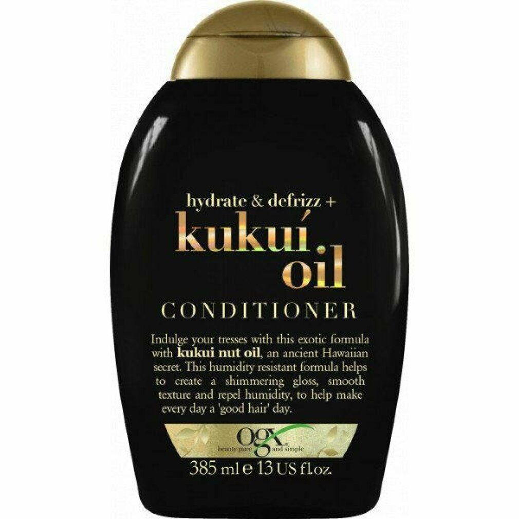 Flacone nero con tappo dorato. Scritta: Kukui Oil Conditioner. Contenuto: 385ml. Con logo.