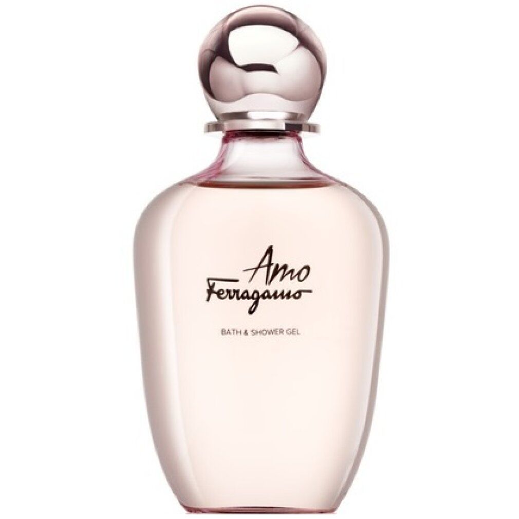 Flacone rosa con tappo argentato. Scritta Amo Ferragamo e Bath & Shower Gel.