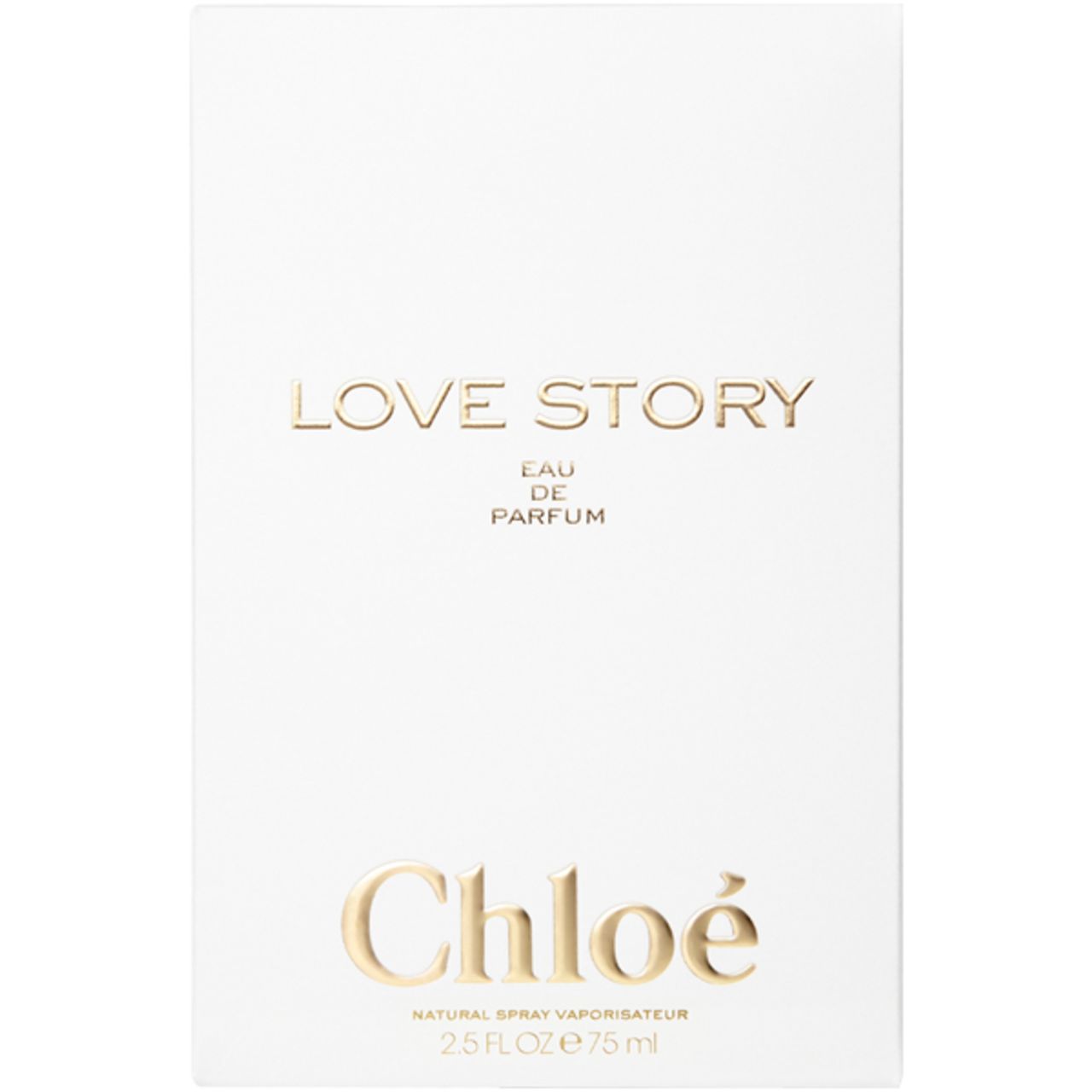 Confezione bianca con scritta dorata: Love Story, Eau de Parfum, Chloé.