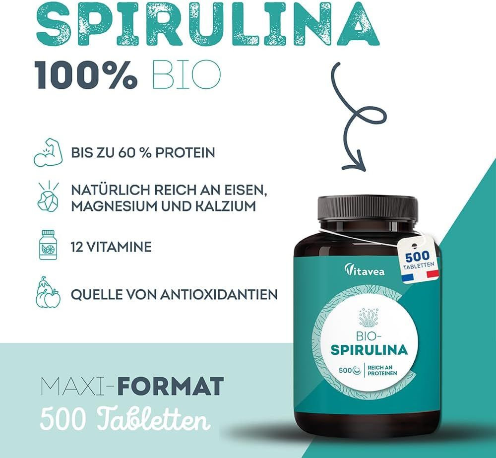 Immagine del prodotto: flacone da 500 compresse di Spirulina BIO. Testo: 100% BIO, fino al 60% di proteine, ricco di ferro, magnesio, calcio.