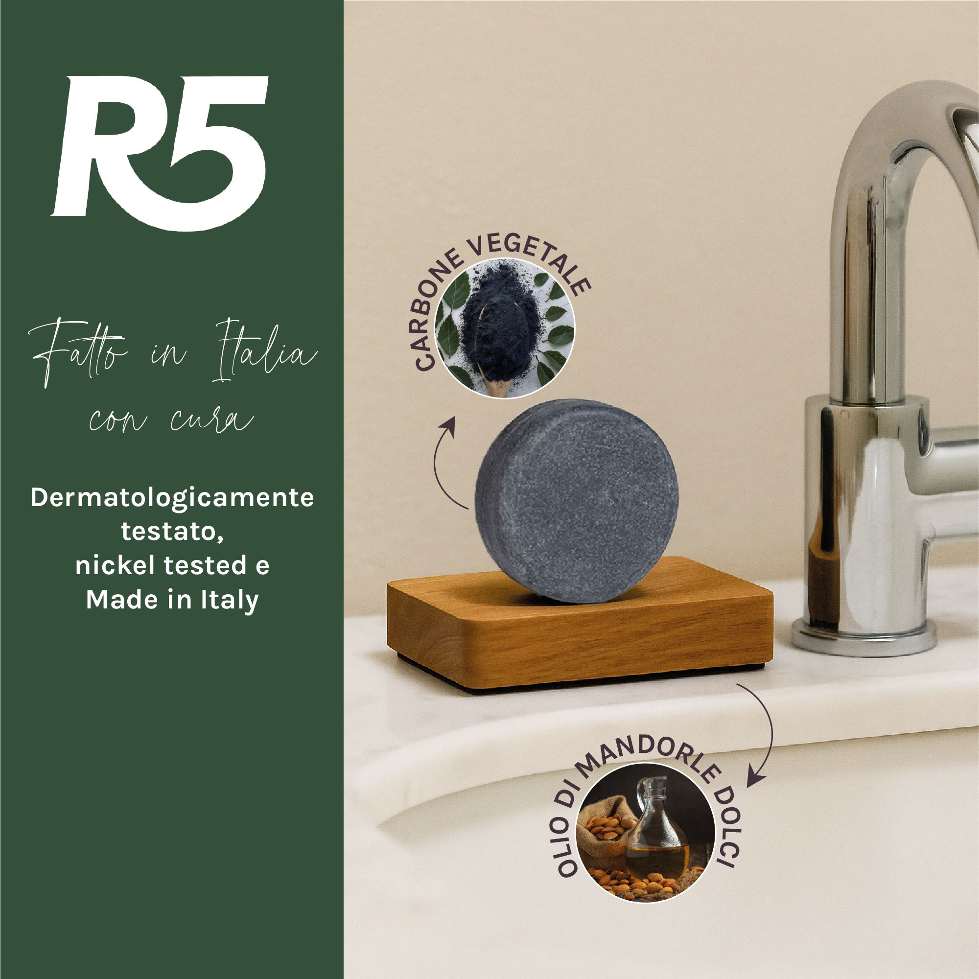 R5 Detergente viso solido su porta sapone in legno. Contiene carbone vegetale e olio di mandorle. Testato dermatologicamente.