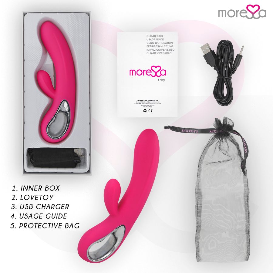 Contenuto della confezione: vibratore in silicone rosa, cavo di ricarica, guida, sacchetto.