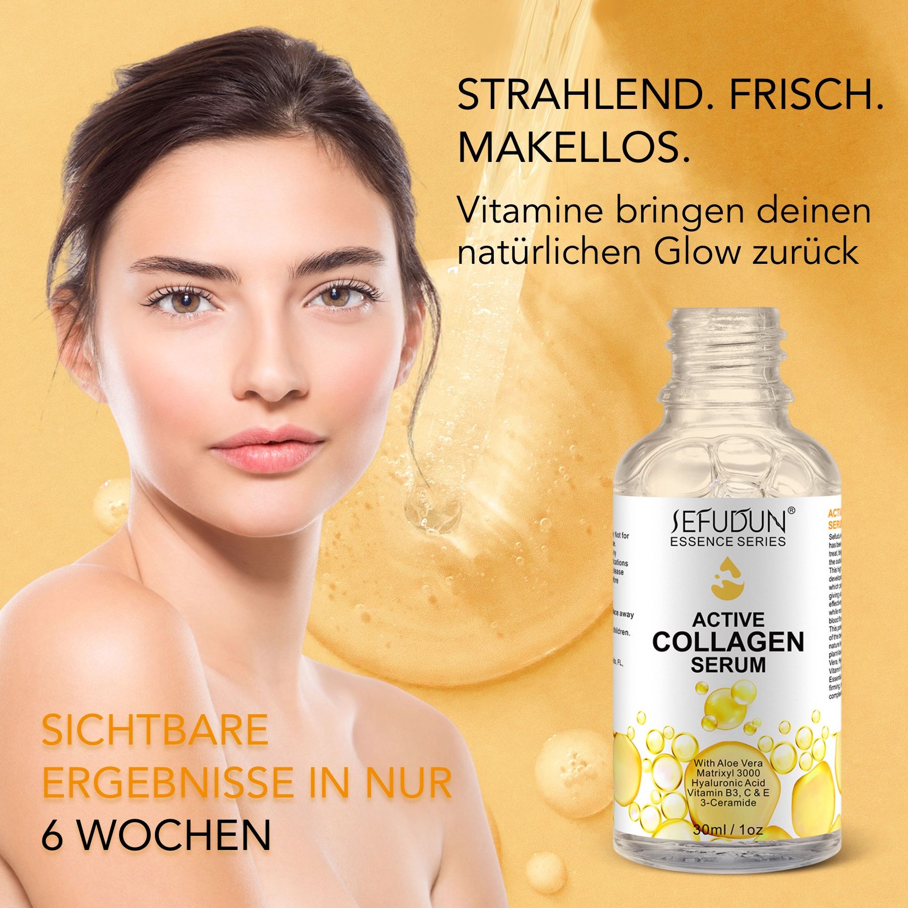Flacone di siero Active Collagen Serum. Donna con viso. Testo: Risultati visibili in sole 6 settimane.
