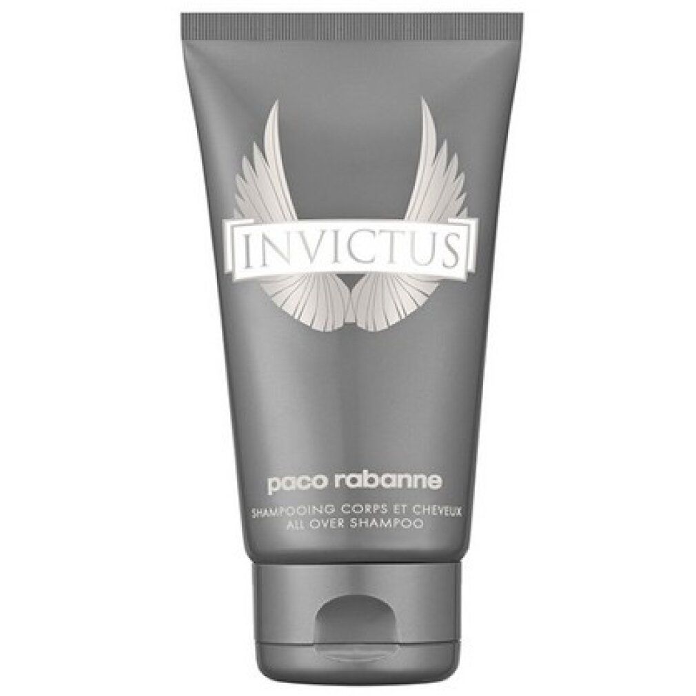Tubo grigio con logo « INVICTUS » e ali. Sotto, « paco rabanne » e « SHAMPOOING CORPS ET CHEVEUX ALL OVER SHAMPOO ».