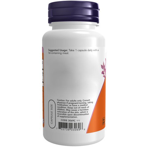 Vista posteriore di un flacone bianco con tappo viola. Etichetta arancione con testo. Testo: "CAPSULE SIZE".