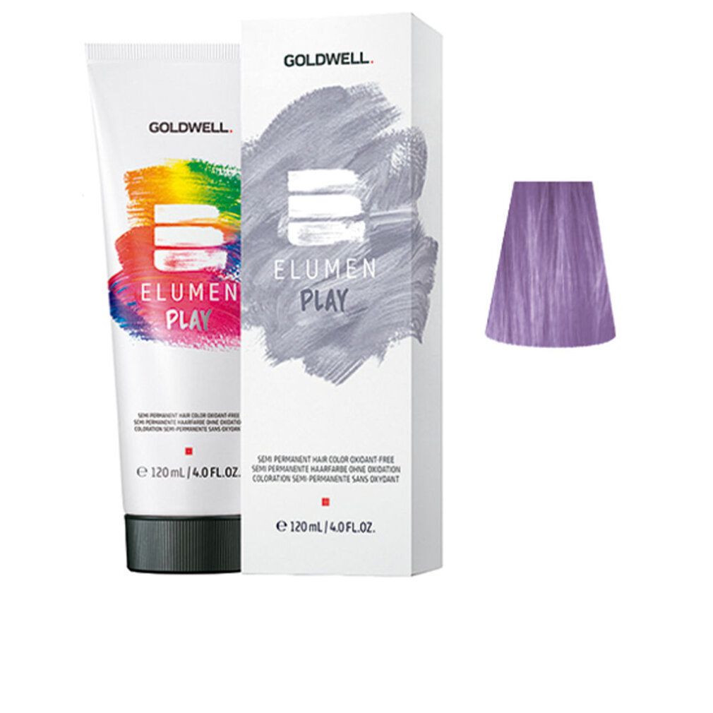 Colorazione semipermanente ELUMEN PLAY Goldwell lavanda. Tubo, scatola e ciocca di colore.