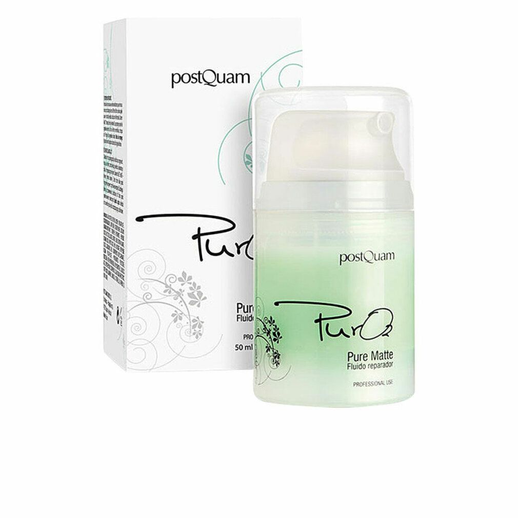 Postquam Pure Matte Fluid. Confezione bianca con prodotto e scritta. Liquido verde in un dispenser. Linea professionale.