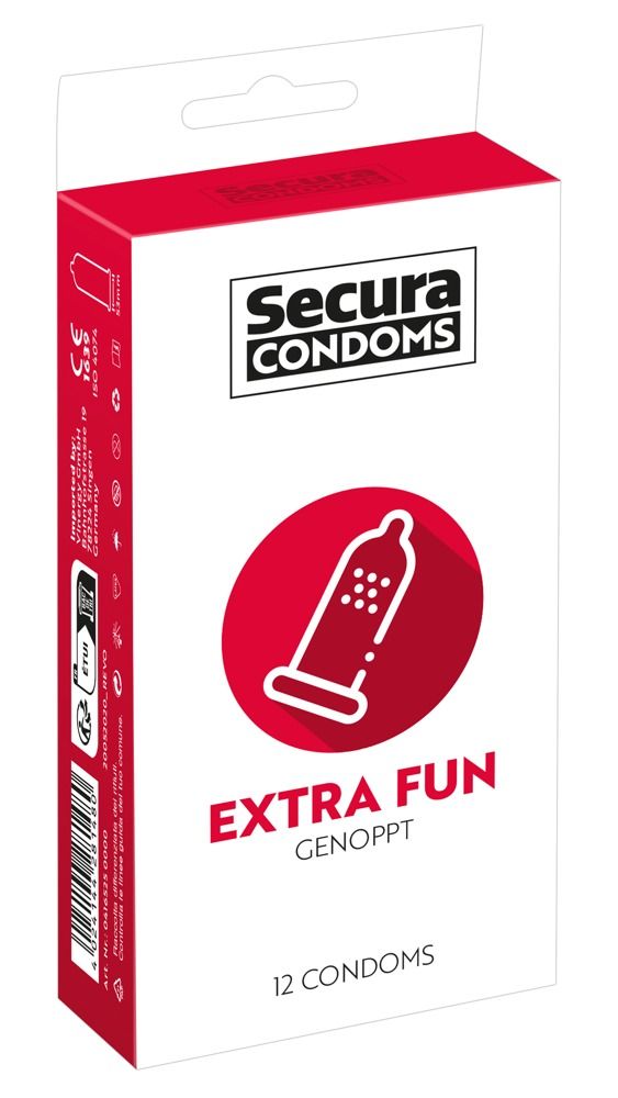 Confezione di preservativi Secura Extra Fun, 12 pezzi. Retro con informazioni prodotto e marchio CE.