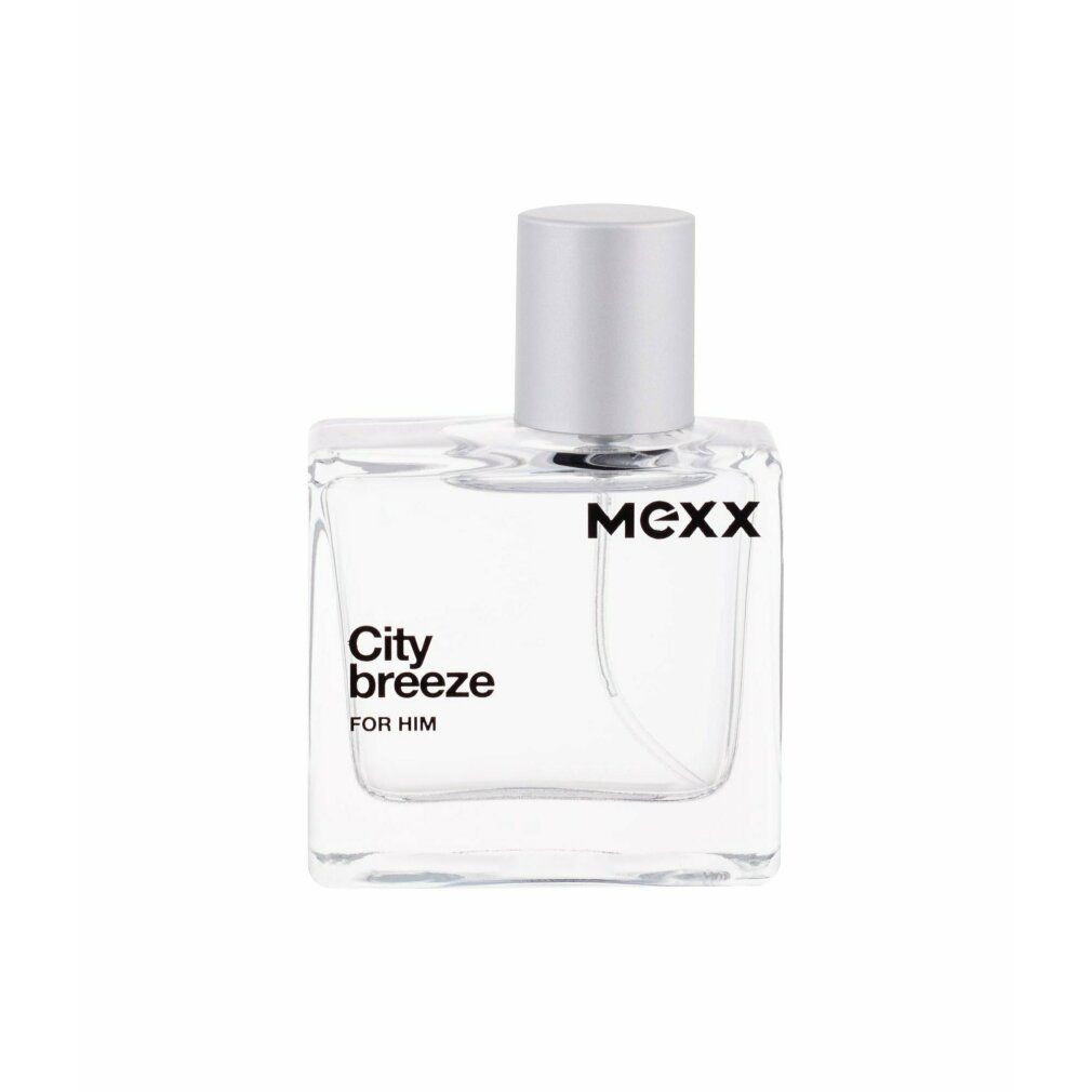 Mexx City Breeze For Him Eau de Toilette. Flacone quadrato trasparente con tappo argentato. Nome del prodotto e logo stampati.