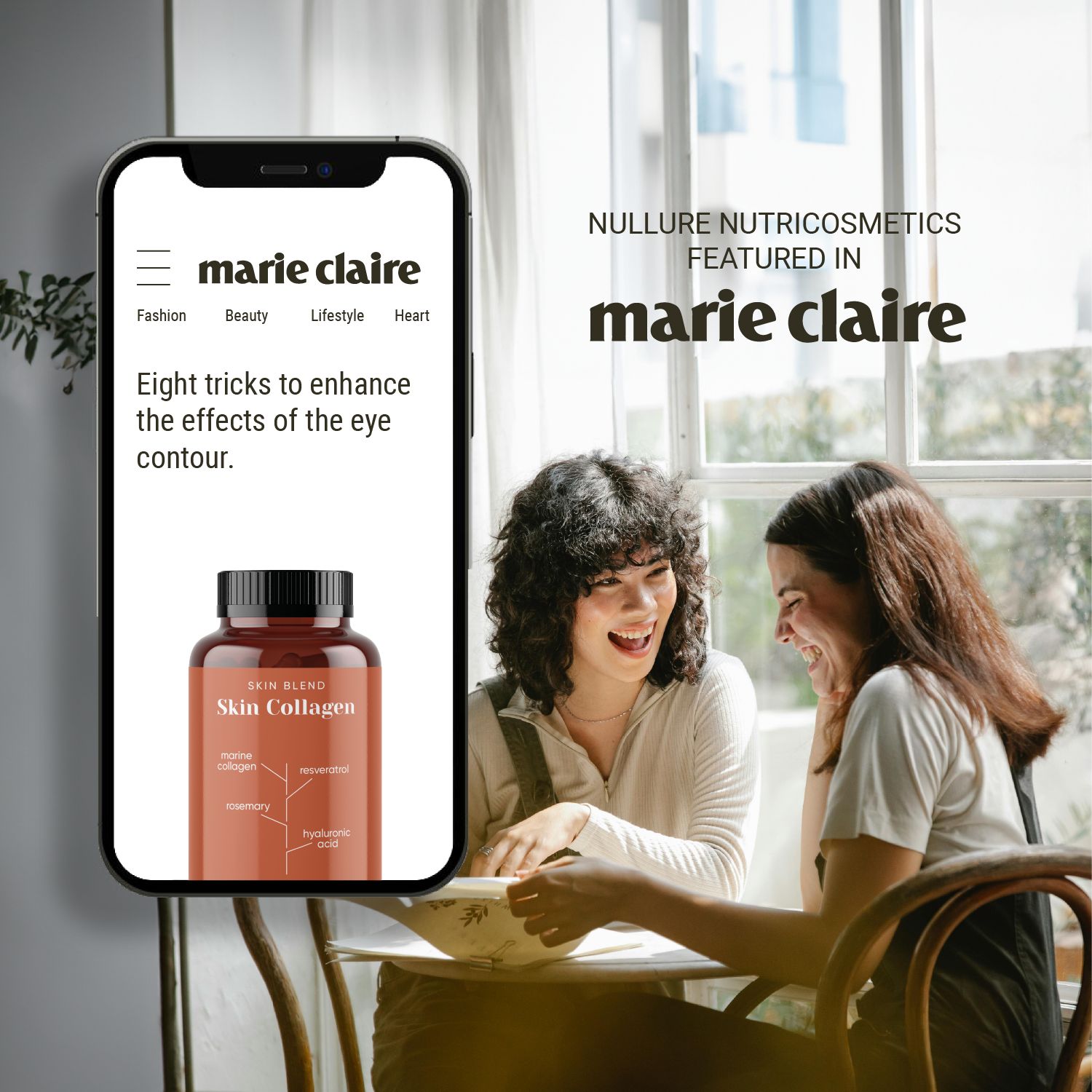 Smartphone con sito web. Due donne sedute a tavola. Sullo schermo: Skin Collagen. Citato in Marie Claire.