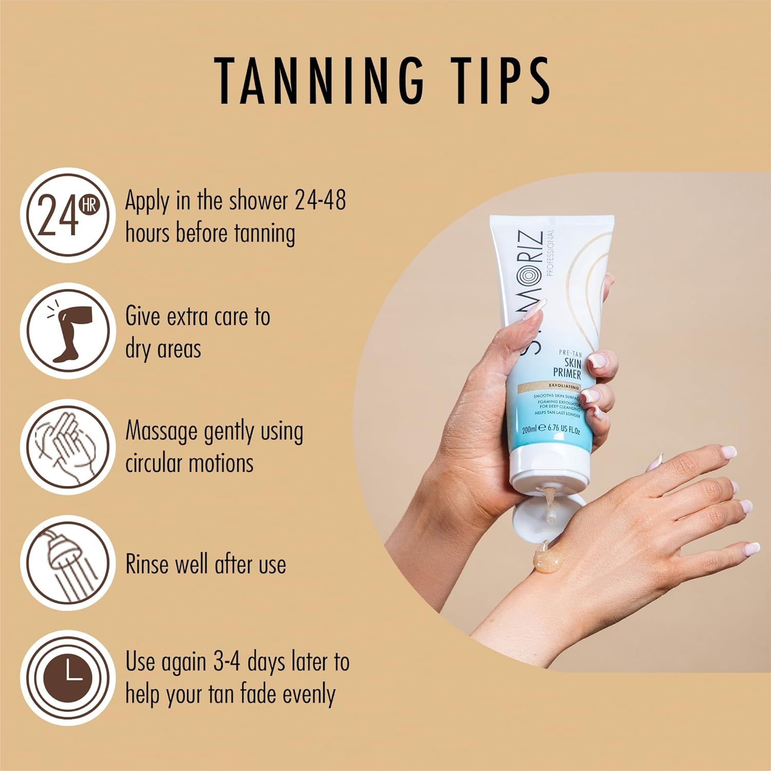 Mani che tengono il tubo di St. Moriz Skin Primer. Testo: Consigli per l'abbronzatura. Movimenti circolari, 24 ore prima.