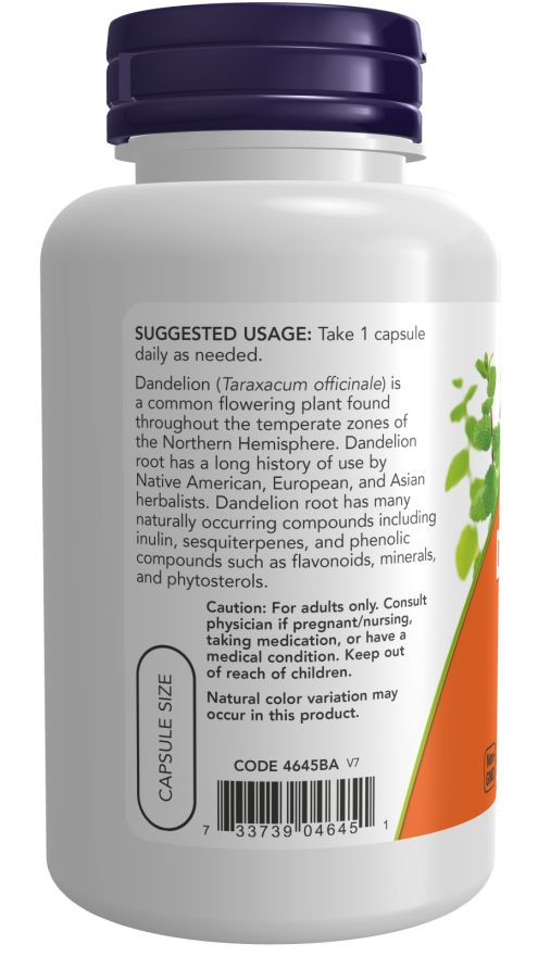 Retro del flacone bianco. Scritta: Suggested Usage, Dandelion (Taraxacum officinale). Avvertenza. Marchio: NOW.