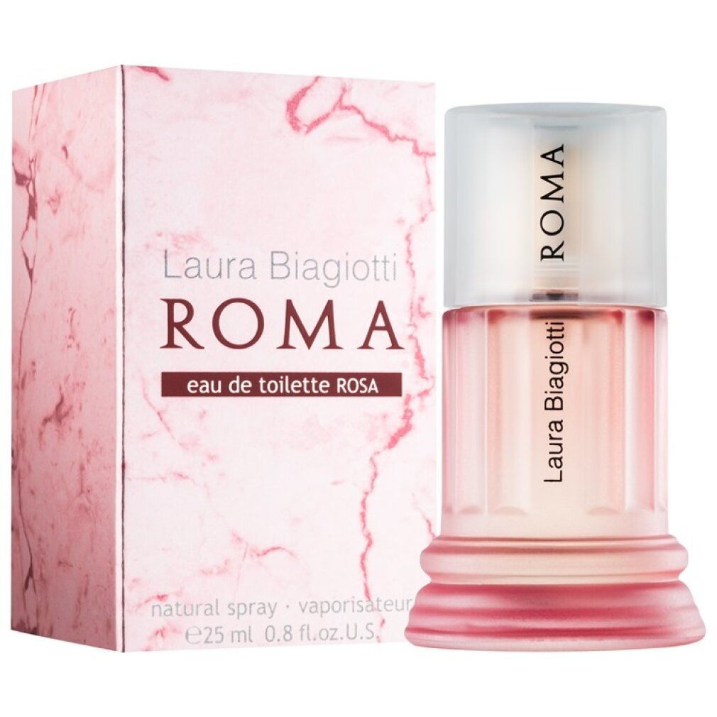 Flacone e confezione di Eau de Toilette rosa. Flacone a forma di colonna. Confezione con scritta Roma, Laura Biagiotti e Rosa.