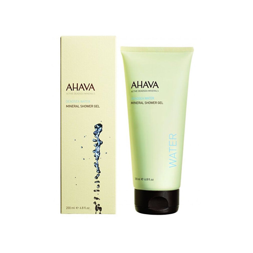Bagnoschiuma AHAVA in tubo verde chiaro con tappo nero e confezione coordinata.