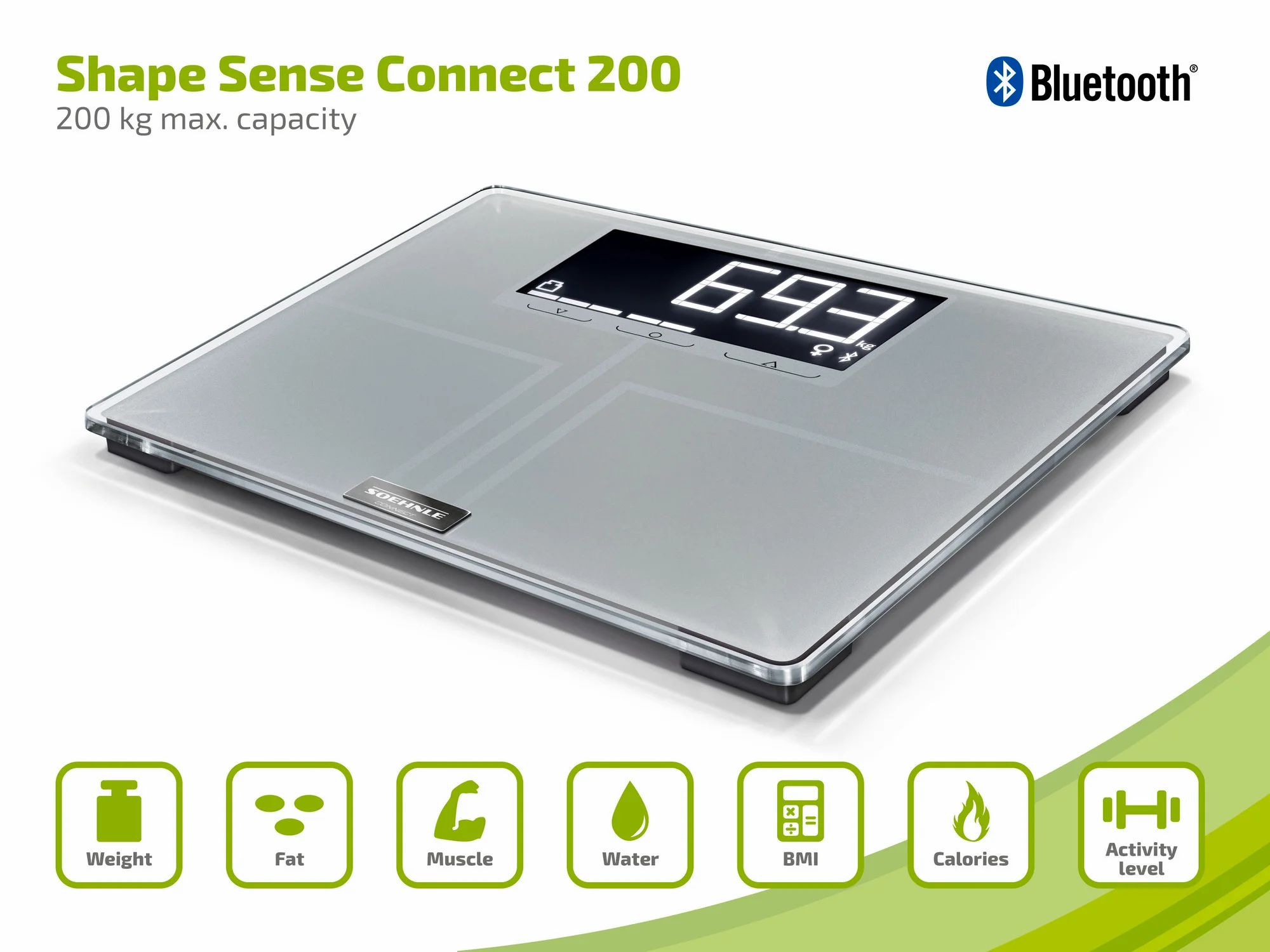 Bilancia grigia con display digitale. Mostra peso e altri dati. Logo Bluetooth.